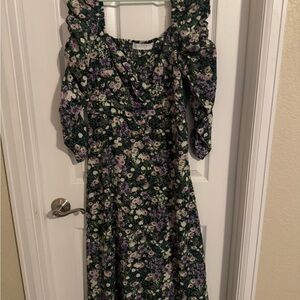 Astr Floral Long Sleeve Dress in Green and Purple